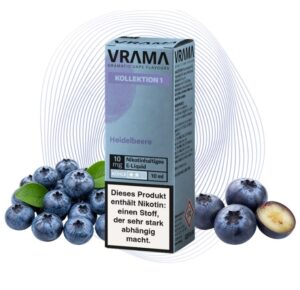 Vrama Heidelbeere Nikotinsalz mit 10 mg/ml, links und rechts blaue Beeren