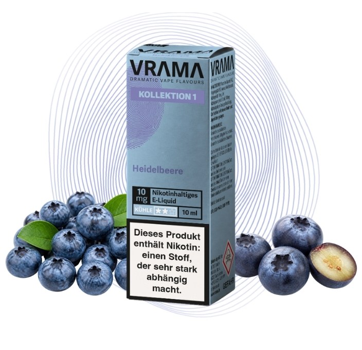 vrama-heidelbeere-nikotinsalz-10-mg Vrama Heidelbeere Nikotinsalz mit 10 mg/ml, links und rechts blaue Beeren