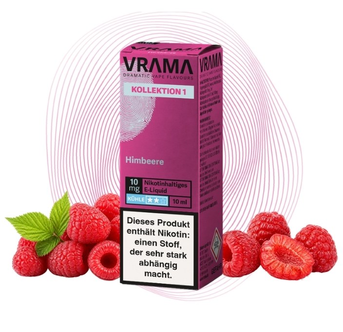 vrama-himbeere-nikotinsalz-10-mg Vrama Himbeere 10 mg/ml Nikotinsalz, daneben reife Himbeeren mit Blatt