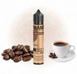 Flasche Vrama Kaffee Longfill 5 ml mit Kaffeebohnen vor braunem Fingerabdruck-Motiv