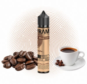 Flasche Vrama Kaffee Longfill 5 ml mit Kaffeebohnen vor braunem Fingerabdruck-Motiv