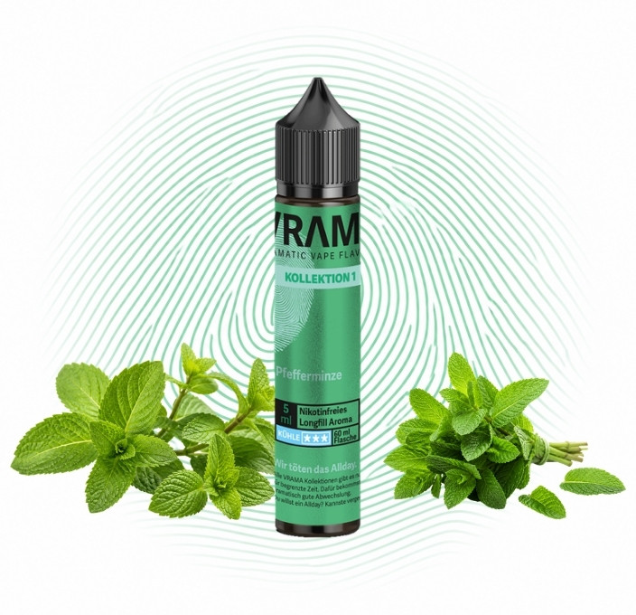 vrama-pfefferminze-longfill-5-ml Flasche Vrama Pfefferminze Longfill 5 ml mit Pfefferminzblättern vor grünem Fingerabdruck-Motiv
