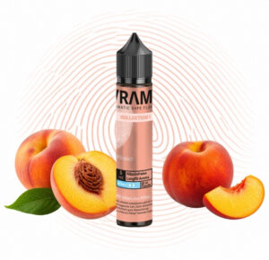 Flasche Vrama Pfirsich Longfill 5 ml mit Pfirsichen vor lachsfarbenem Fingerabdruck-Motiv