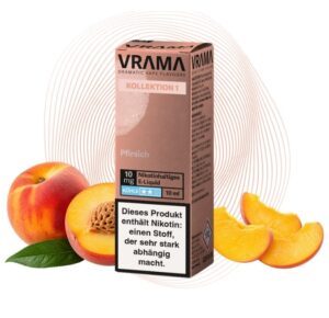 Vrama Pfirsich Nikotinsalz 10 mg/ml mit Pfirsichhälfte und Pfirsichspalten